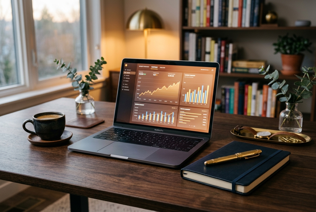 A calm investing desk with a laptop dashboard, notebook, and financial planning notes.