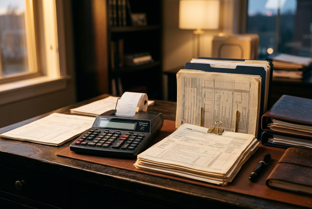 Tax-planning desk with a calculator, financial documents, and filing records.