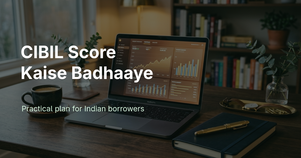 Mobile phone showing credit score with credit card, laptop and finance documents